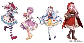4girls :d alice&#039;s_adventures_in_wonderland alice_(alice_in_wonderland) alice_(alice_in_wonderland)_(cosplay) alternate_costume amane_kanata angel_wings ankle_bow ankle_flower ankle_ribbon ankle_strap apple apple_print apron bandaged_arm bandages basket bell_sleeves bird bird_on_hand black_bow black_choker black_corset black_shoes black_thighhighs black_tiara blue_dress blue_flower blue_hair blue_nails blue_shirt blue_vest boots bouquet bow bowtie braid brown_boots brown_shirt candy center-flap_bangs choker cloak closed_mouth club_(shape) collared_shirt colored_inner_hair colored_skin colored_tongue copyright_notice corset cosplay cross-laced_vest curly_hair cut_bangs daisy_(flower) demon_tail detached_sleeves double_bun dress dress_flower earrings feathered_wings flower flower_braid food food_print frilled_dress frilled_skirt frilled_sleeves frilled_wrist_cuffs frills fruit fruit_print full_body green_eyes grey_skin hair_bow hair_bun hair_flower hair_ornament hair_over_shoulder hairclip hand_on_own_chin heart heart_print heterochromia holding holding_basket holding_bouquet holding_food holding_fruit holding_stuffed_toy hololive hololive_english hololive_indonesia hood hood_up hooded_cloak horizontal-striped_thighhighs jewelry key_hair_ornament knee_boots knees_together_feet_apart kureiji_ollie lace-up_boots layered_dress layered_skirt leaf_print lineup little_red_riding_hood_(fairy_tale) little_red_riding_hood_(fairy_tale_character) little_red_riding_hood_(fairy_tale_character)_(cosplay) lollipop long_hair long_sleeves looking_at_viewer low_twintails mary_janes medium_dress mini_wings mori_calliope multicolored_hair multicolored_skin multiple_girls nail_polish off-shoulder_dress off_shoulder open_mouth orange_flower parted_lips patchwork_skin piercing pinafore_dress pink_eyes pink_flower pink_hair pleated_skirt print_apron puffy_detached_sleeves puffy_short_sleeves puffy_sleeves puritan_collar purple_bow purple_bowtie purple_dress purple_eyes purple_hair purple_nails purple_tongue rapunzel_(fairy_tale) rapunzel_(fairy_tale_character) rapunzel_(fairy_tale_character)_(cosplay) red_bow red_bowtie red_cloak red_dress red_eyes red_hair red_nails red_shoes ribbon sandals shirt shoes short_sleeves simple_background single_braid skirt skirt_hold sleeveless sleeveless_dress smile snow_white_(fairy_tale) snow_white_(fairy_tale_character) snow_white_(fairy_tale_character)_(cosplay) spade_(shape) spaghetti_strap standing standing_on_one_leg star_(symbol) star_hair_ornament stitched_arm stitched_face stitches streaked_hair stuffed_animal stuffed_rabbit stuffed_toy sweater_guard symbol-shaped_pupils tail tail_ornament tail_piercing thighhighs tiara toenail_polish toenails tokoyami_towa torn_clothes torn_dress twintails two-tone_skin vest virtual_youtuber waist_apron waist_bow white_apron white_background white_flower white_thighhighs white_wings wings wrist_cuffs x-shaped_pupils yellow_eyes yellow_flower yellow_sandals yellow_skirt yumesaki_nana zombie