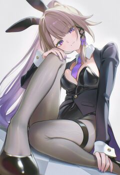 1girl ai-assisted animal_ears black_jacket black_leotard black_pantyhose black_shoes breasts brown_hair closed_mouth commentary fake_animal_ears gradient_hair hair_ornament herta_(honkai:_star_rail) highleg highleg_leotard highres honkai:_star_rail honkai_(series) jacket knee_up leotard long_hair long_sleeves looking_at_viewer medium_breasts multicolored_hair nail_polish necktie pantyhose pink_nails playboy_bunny poki_(j0ch3fvj6nd) ponytail purple_eyes purple_hair purple_necktie rabbit_ears shoes sitting solo strapless strapless_leotard the_herta_(honkai:_star_rail) thigh_strap x_hair_ornament