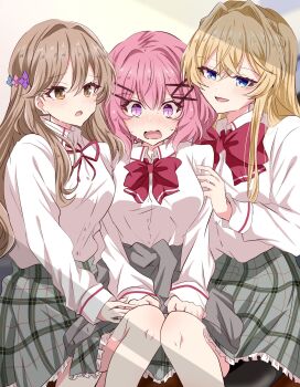 Rule 34 | 3girls, amaori renako, blonde hair, blue eyes, brown eyes, brown hair, commentary request, frilled skirt, frills, highres, multiple girls, ouzuka mai, pink hair, plaid clothes, plaid skirt, purple eyes, school uniform, sena ajisai, shirt, shy, sitting, skirt, sweat, torikoboshi, watashi ga koibito ni nareru wake naijan murimuri!, white shirt, yuri