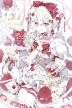 Rule 34 | 1girl, bow, cake, center-flap bangs, collar, commentary request, crown, dress, dress bow, food, food-themed hair ornament, food on face, frilled dress, frills, fruit, gloves, hair ornament, hand up, head bow, highres, holding, icing, kneehighs, letter hair ornament, lolita fashion, long hair, looking at viewer, m (letter), mini crown, original, oversized object, oversized spoon, red bow, red collar, red eyes, red ribbon, red socks, ribbon, sidelocks, sitting, sitting on food, socks, solo, spoon, strawberry, strawberry hair ornament, strawberry shortcake, stuffed animal, stuffed panda, stuffed toy, thigh strap, three-quarter sleeves, twintails, watermark, white dress, white gloves, white hair, yakinikusakoku
