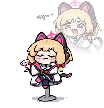 Rule 34 | animal ear headphones, animal ears, bar stool, blonde hair, blue archive, blush stickers, cat ear headphones, cat ears, cat tail, champagne glass, closed eyes, crossed legs, fake animal ears, halo, headphones, holding glass, jacket, laughing, momoi (blue archive), necktie, pink eyes, ribbon, school uniform, short hair, smug, stool, tail