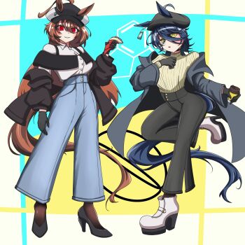 Rule 34 | 2girls, agnes tachyon (umamusume), alternate hair length, alternate hairstyle, animal ears, black cape, black choker, black gloves, black hair, black jacket, black shoes, black socks, blue pants, breasts, brown hair, cape, choker, coat, commentary request, cup, disposable cup, ear ornament, ear tag, earrings, ears through headwear, gloves, grey coat, hair between eyes, hand up, high heels, highres, holding, holding cup, horse ears, horse girl, horse tail, jacket, jewelry, koba shi, long hair, long hair between eyes, long sleeves, looking at viewer, manhattan cafe (umamusume), medium breasts, multiple girls, off shoulder, open clothes, open coat, pants, parted lips, platform heels, red eyes, shirt, shoes, short hair, single earring, socks, sweater, sweater tucked in, tail, turtleneck, turtleneck sweater, umamusume, variant set, very long hair, white shirt, white shoes, yellow eyes, yellow sweater