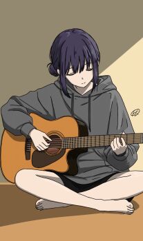 1girl acoustic_guitar barefoot black_shorts cho_kaguya-hime! closed_eyes closed_mouth commentary_request corn_20 dot_nose drawstring facing_viewer feet full_body guitar hair_bun highres hood hood_down hoodie indian_style indoors instrument long_sleeves on_floor playing_instrument purple_hair sakayori_iroha short_hair short_shorts shorts sidelighting sidelocks signature single_hair_bun sitting smile solo toes