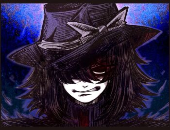 1girl angry black_capelet black_hair black_hat blue_background bow capelet clenched_teeth collar covering_one_eye hat hat_bow necktie open_mouth shirt short_hair solo suenari_(peace) teeth touhou usami_renko white_bow white_collar white_shirt