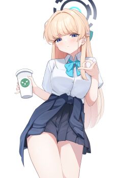 1girl absurdres aqua_bow black_halo black_skirt blonde_hair blue_archive blue_eyes blush bow braid closed_mouth clothes_around_waist collared_shirt cup disposable_coffee_cup disposable_cup halo highres holding holding_cup jacket jacket_around_waist jing_(947728534) long_hair looking_at_viewer official_alternate_costume pleated_skirt shirt short_sleeves simple_background skirt toki_(blue_archive) toki_(school_uniform)_(blue_archive) very_long_hair white_background white_shirt