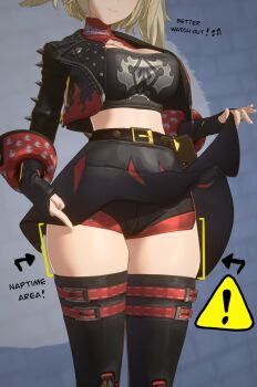 1girl bike_shorts blonde_hair burnice_white clothes_lift commentary crop_top english_commentary english_text fingerless_gloves flame_print gloves highres holding_own_skirt midriff pointing pointing_at_self pointing_down sign skirt skirt_lift smile solo spiked_jacket the_rj_shorts thick_thighs thighhighs thighs warning_sign zenless_zone_zero zettai_ryouiki