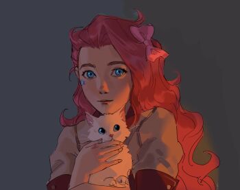 1girl aina_(mayexplode) bao_(league_of_legends) blue_eyes bow facial_tattoo grey_shirt hair_bow highres league_of_legends long_hair looking_at_viewer pink_bow pink_hair red_hair seraphine_(league_of_legends) shirt short_sleeves smile solo star_(symbol) star_tattoo tattoo two-tone_background upper_body
