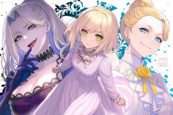 3girls blonde_hair blue_eyes bow bowtie braid breasts character_request cleavage clenched_hands closed_mouth collarbone commentary_request constance_grail dress earrings eris_no_seihai flower gloves green_eyes hair_bun jewelry large_breasts long_sleeves looking_at_viewer multiple_girls neck_flower open_mouth pink_bow pink_bowtie pink_dress purple_dress purple_gloves red_lips signature smile striped_clothes striped_dress vertical-striped_clothes vertical-striped_dress white_dress yellow_flower yuunagi_(seventh_heaven)