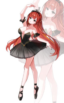 1girl akane_lize arm_up armband ballet_dress ballet_slippers black_armband black_dress black_nails breasts covered_navel dancing dress fingernails full_body grey_eyes half_updo hashtag-only_commentary highres large_breasts long_hair looking_at_viewer multicolored_hair multicolored_nails nail_polish nanna_(heyj2888) parted_lips red_hair red_nails short_dress smile solo stellive strapless strapless_dress streaked_hair tiara tiptoes virtual_youtuber white_background zoom_layer