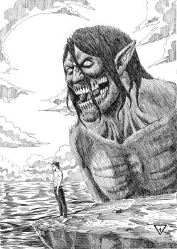 2boys abs cliff cloud commentary crosshatching eren_yeager hair_bun hatching_(texture) highres male_focus multiple_boys ocean pectorals pointy_ears rogue_titan seveninks shingeki_no_kyojin single_hair_bun titan_(shingeki_no_kyojin) toned toned_male topless_male watermark