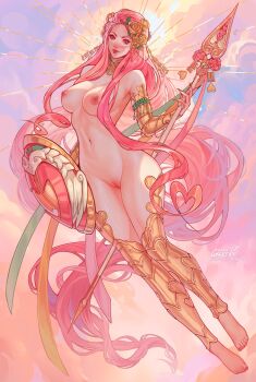 1girl aphrodite_(hades) artistic_nudity barefoot breasts functionally_nude greenu hades_(series) highres holding holding_polearm holding_shield holding_spear holding_weapon long_hair medium_breasts navel pink_eyes pink_hair polearm shield spear tagme very_long_hair weapon
