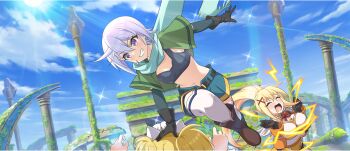 3girls aqua_scarf armor belt black_belt black_gloves blonde_hair blue_sky blush boots braid breastplate breasts brown_boots capelet character_request chris_(konosuba) closed_eyes cloud crown_braid darkness_(konosuba) day drooling dutch_angle electricity facial_scar game_cg gloves green_capelet green_shorts grin hair_ornament hand_on_another&#039;s_head hands_up high_ponytail highres kono_subarashii_sekai_ni_shukufuku_wo! konosuba!_fantastic_days lens_flare long_hair maid_headdress masochism medium_breasts moss mouth_drool multiple_girls navel official_art open_mouth outdoors ponytail purple_eyes purple_hair ruins scar scar_on_cheek scar_on_face scarf short_hair shorts sidelocks sky small_breasts smile sparkle sun thighhighs third-party_source twintails very_long_hair white_thighhighs x_hair_ornament