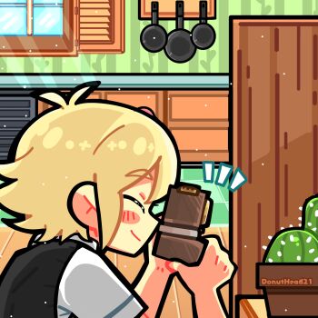 Rule 34 | 1boy, antenna hair, ayam bulan, basil (faraway) (omori), basil (omori), black sweater vest, blonde hair, blush, cactus, camera, closed eyes, closed mouth, collared shirt, commentary, day, flower pot, frying pan, highres, holding, holding camera, indoors, male focus, omori, plant, potted plant, shirt, short hair, short sleeves, smile, solo, sweater vest, symbol-only commentary, twitter username, upper body, white shirt, window