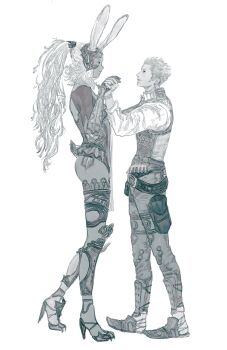 1boy 1girl animal_ears armored_leotard bag balflear belt final_fantasy final_fantasy_xii fran_(ff12) greyscale high_heels highres holding_hands leotard loose_belt medeteru monochrome pelvic_curtain ponytail rabbit_ears rabbit_tail satchel standing tail viera
