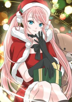 1girl blue_eyes christmas christmas_tree commentary_request dress eiyuu_densetsu hajimari_no_kiseki hat highres kuro_no_kiseki kuro_no_kiseki_(series) kuro_no_kiseki_ii long_hair looking_at_viewer merry_christmas nadia_rayne pink_hair runrui_kaku santa_costume santa_dress santa_hat stuffed_animal stuffed_toy teddy_bear toy twintails