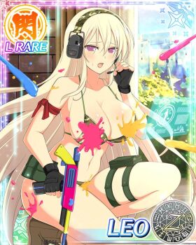 Rule 34 | 1girl, :o, aquarius (symbol), aries (symbol), arm scarf, bikini, blonde hair, blush, boots, breasts, brick wall, brown boots, building, camouflage, camouflage bikini, cancer (symbol), capricorn (symbol), card (medium), character name, curtains, dodecagram, embarrassed, floating screen, gemini (symbol), green bikini, gun, hair between eyes, hand on headset, headphones, headset, holding, holding gun, holding weapon, kneeling, large breasts, leo (senran kagura), leo (symbol), libra (symbol), linea alba, long hair, looking at viewer, micro bikini, microphone, navel, official art, on one knee, paint gun, paint splatter, paintball, pisces (symbol), pouch, purple eyes, red scarf, sagittarius (symbol), scarf, school emblem, scorpio (symbol), screen, senran kagura, senran kagura new wave, solo, sparkle, speaking tube headset, swimsuit, taurus (symbol), thigh pouch, thigh strap, under fire, very long hair, virgo (symbol), wardrobe malfunction, weapon, window, zodiac wheel