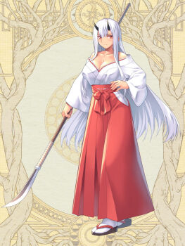 Rule 34 | 1girl, akito akaishi, art nouveau, black horns, breasts, cleavage, dairoku ryouhei, full body, geta, hakama, holding, holding polearm, holding weapon, horns, japanese clothes, kannagi yoruha, kimono, large breasts, long hair, looking at viewer, naginata, orange eyes, polearm, red hakama, sandals, socks, solo, standing, very long hair, weapon, white kimono, white socks, wide sleeves, yellow background