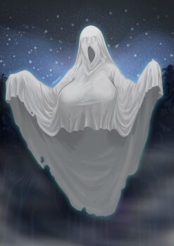 1girl adoohay artist_name breasts commentary english_commentary forest ghost hands_up highres huge_breasts invisible nature night night_sky original outdoors sheet_ghost sky tree