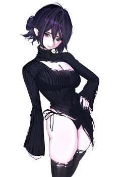 1girl absurdres bikini bikini_bottom_only black_bikini black_nails black_sweater black_thighhighs breasts chainsaw_man cleavage devil_288814 green_eyes hair_between_eyes hand_on_own_hip highres large_breasts purple_hair reze_(chainsaw_man) simple_background solo sweater swimsuit thighhighs torn_clothes torn_thighhighs white_background