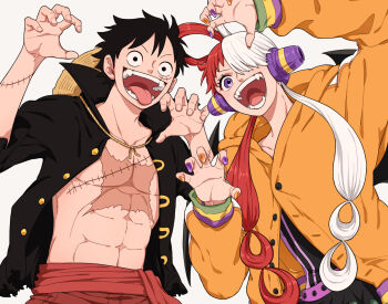 1boy 1girl abs black_hair black_shirt fangs hair_over_one_eye hat headphones highres hocpoc hood hooded_jacket jacket looking_at_viewer monkey_d._luffy multicolored_hair one_piece one_piece_film:_red open_clothes open_mouth open_shirt orange_jacket orange_nails purple_eyes purple_nails red_hair scar scar_on_chest scar_on_face shirt smile stitched_arm stitched_torso stitches straw_hat twintails two-tone_hair upper_body uta_(one_piece) white_hair