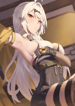 1girl absurdres ahoge armpits black_gloves black_shorts breasts commentary english_commentary fingerless_gloves gloves gueya high-waist_skirt highres jacket large_breasts long_hair paid_reward_available parted_lips shirt shorts single_hair_intake skirt solo very_long_hair white_hair white_shirt yellow_eyes yellow_jacket yixuan_(zenless_zone_zero) zenless_zone_zero