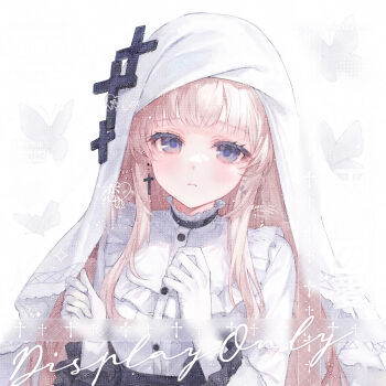 1girl absurdres blonde_hair bug butterfly commentary_request cross cross_earrings earrings frilled_sleeves frills gloves grey_eyes hair_ornament highres hikami_meruru hime_cut hum_(ten_ten) insect jewelry light_blush long_hair looking_at_viewer magical_girl mahou_shoujo_no_majo_saiban veil watermark white_gloves wide_sleeves x_hair_ornament
