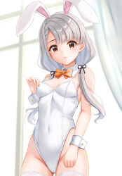 Rule 34 | 1girl, absurdres, animal ears, bare shoulders, blush, bow, bowtie, breasts, brown eyes, ca paria, cameltoe, covered navel, detached collar, fake animal ears, highleg, highleg leotard, highres, hisakawa nagi, idolmaster, idolmaster cinderella girls, leotard, long hair, looking at viewer, low twintails, medium breasts, playboy bunny, rabbit ears, solo, strapless, strapless leotard, thighhighs, traditional bowtie, twintails, white hair, white leotard, white thighhighs, wrist cuffs