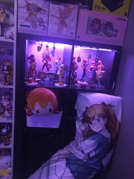 alternate_costume apron ayanami_rei blue_eyes blue_hair blue_shirt blue_skirt bodysuit bow brown_hair character_request charm_(object) commentary dakimakura_(medium) dress english_commentary evangelion:_3.0_you_can_(not)_redo flandre_scarlet fur-trimmed_headwear fur_trim graphics_card hair_between_eyes hair_bow hair_ornament hat hello_kitty hello_kitty_(character) highres holding holding_unworn_clothes holding_unworn_hat inkling_player_character kamui_woods leotard looking_at_viewer lying maid maid_apron maid_headdress mecha_pilot_suit multiple_girls nendoroid neon_genesis_evangelion nesoberi nintendo official_alternate_costume orange_hair otaku_room persona persona_5 photo_(medium) pink_hair plugsuit_(evangelion) power_supply rebuild_of_evangelion red_bodysuit red_dress red_hair red_headwear red_leotard remilia_scarlet sakura_futaba sanrio santa_costume school_uniform serafuku shirt short_sleeves skirt smile socks solid_oval_eyes souryuu_asuka_langley splatoon_(series) standing sun_hat touhou twintails unworn_hat unworn_headwear white_legwear white_shirt