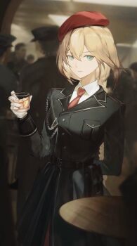 1girl absurdres arm_behind_back belt beret black_belt black_coat blonde_hair blue_eyes braid braided_ponytail breasts centaureissi_(neural_cloud) coat collared_shirt cup g36_(girls&#039;_frontline) girls&#039;_frontline girls&#039;_frontline_neural_cloud gloves hair_between_eyes hand_up hat highres holding holding_cup indoors light_smile long_hair looking_at_viewer medium_breasts multiple_others necktie red_necktie shenme_niao_mingzi shirt solo_focus standing very_long_hair white_gloves white_shirt