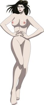1girl absurdres armpits bangs_pinned_back bare_arms bare_legs barefoot battle_tendency blue_eyes breasts brown_hair cleft_of_venus completely_nude earrings eyebrows eyelashes feet female_focus flat_color floating_hair full_body gluteal_fold hands_on_own_hips heel_up highres hoop_earrings jewelry jojo_no_kimyou_na_bouken knees large_breasts legs light_smile lionprideart lipstick lisa_lisa long_hair looking_at_viewer makeup mature_female nail_polish navel neck nipples nude pussy red_nails red_toenails simple_background solo stomach thick_lips toenail_polish toenails toes transparent_background