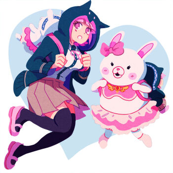 2girls backpack bag blue_jacket character_backpack commentary danganronpa_(series) danganronpa_2:_goodbye_despair english_commentary heart highres hood hoodie jacket multiple_girls nanami_chiaki pink_eyes pink_hair rabbit rabbit_girl tropical-hotdog usami_(danganronpa) white_background white_fur