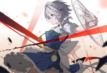 1girl apron back_bow blue_dress bow braid chinese_commentary commentary_request devilkillerx dress green_bow grey_hair hair_bow highres holding holding_knife izayoi_sakuya knife long_hair maid maid_headdress pocket_watch red_eyes solo spinning_weapon touhou waist_apron watch white_apron white_bow