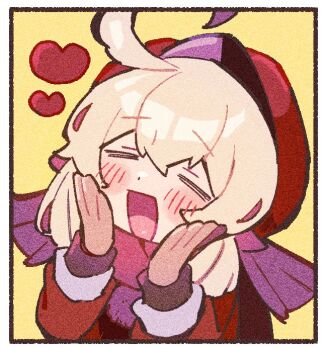1girl :d ^_^ ahoge blonde_hair blush border brown_gloves newsboy_cap closed_eyes coat genshin_impact gloves hair_between_eyes hands_on_own_cheeks hands_on_own_face hands_up hat heart klee_(genshin_impact) long_hair long_sleeves low_twintails nploser open_mouth pointy_ears pom_pom_(clothes) raised_eyebrows red_coat red_hat sidelocks simple_background smile solo twintails upper_body white_border yellow_background
