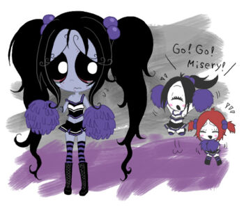 3girls 4kaku3kaku black_hair black_sclera blush_stickers boots cheerleader colored_sclera eyelashes goth_fashion hair_bobbles hair_ornament iris_(ruby_gloom) long_hair midriff misery_(ruby_gloom) multiple_girls nervous outdoors ponytail red_hair ruby_gloom ruby_gloom_(character) short_twintails skirt standing strap_slip striped_clothes striped_thighhighs thighhighs twintails very_long_hair
