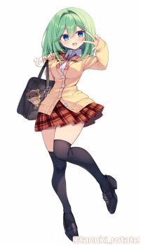 1girl bag bag_charm black_bag black_shoes black_thighhighs blue_eyes bow bowtie breasts brown_cardigan cardigan charm_(object) collared_shirt double-parted_bangs full_body green_hair hair_between_eyes hair_ornament hairclip highres loafers long_sleeves medium_breasts medium_hair open_mouth original plaid_clothes plaid_skirt pleated_skirt red_bow red_bowtie red_skirt school_bag school_uniform shirai_tanuki shirt shoes signature simple_background skirt sleeves_past_wrists smile solo standing standing_on_one_leg striped_bow striped_bowtie striped_clothes takeda_emi thighhighs twitter_username w white_background white_shirt zettai_ryouiki