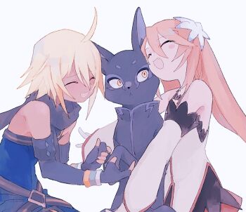 Rule 34 | 1boy, 1girl, ahoge, bare shoulders, black cat, black gloves, black scarf, blonde hair, blue shirt, blush, brown hair, cat, closed eyes, dark-skinned male, dark skin, detached sleeves, elbow gloves, emil castagnier, fang, fingerless gloves, flower, gloves, hair flower, hair ornament, highres, long hair, marta lualdi, nancykittyu, open mouth, scarf, shirt, simple background, smile, tales of (series), tales of symphonia, tales of symphonia: dawn of the new world, tenebrae (tales), very long hair, white background, white gloves, white shirt, wristband, yellow eyes