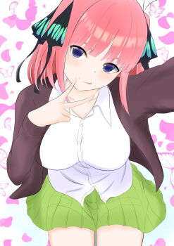 1girl absurdres black_cardigan black_ribbon blue_eyes blunt_bangs blush breasts bug butterfly butterfly_hair_ornament cardigan closed_mouth collarbone go-toubun_no_hanayome green_skirt hair_ornament hair_ribbon highres insect kenma_torihoshi looking_at_viewer nakano_nino open_cardigan open_clothes pink_hair ribbon selfie shirt short_hair simple_background skirt smile solo tongue tongue_out two_side_up v white_shirt