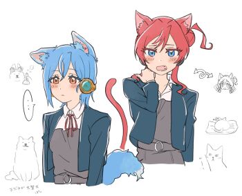 Rule 34 | ..., 2girls, animal ear fluff, animal ears, arms at sides, belt, blue eyes, blue hair, blush, cat, cat ears, cat girl, cat tail, closed mouth, collared shirt, colored eyelashes, commentary, cropped torso, dog, dog ears, dog girl, dog tail, erlenmeyer flask, fangs, flask, glowstick, goggles, goggles on head, hair bun, hand up, highres, holding, holding glowstick, jacket, long sleeves, looking at viewer, love live!, love live! superstar!!, multiple girls, neck ribbon, open clothes, open collar, open jacket, open mouth, penlight (glowstick), red eyes, red hair, red ribbon, ribbon, school uniform, shirt, short hair with long locks, spoken ellipsis, tail, techimi, teeth, wakana shiki, white background, wing collar, yoneme mei, yuigaoka school uniform