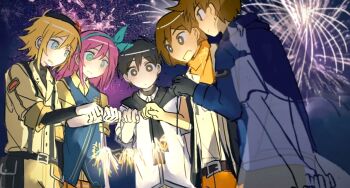 Rule 34 | 2girls, 4boys, :<, :d, aerial fireworks, alternate costume, antenna hair, arms behind back, aubrey (faraway) (omori), aubrey (omori), bare arms, basil (faraway) (omori), basil (omori), belt, black belt, black eyes, black gloves, black hair, black hat, black hood, black pants, blonde hair, blue eyes, blue hairband, blue jacket, blue vest, bow hairband, bright pupils, brothers, brown hair, buttons, chinese commentary, closed mouth, collared shirt, commentary request, composition c3, cowboy shot, dark-skinned male, dark skin, double-parted bangs, dress, fireworks, flipped hair, flower, frown, ghost girl, gloves, grin, hair behind ear, hair between eyes, hairband, hat, hat flower, hero (faraway) (omori), hero (omori), highres, holding, holding fireworks, hood, hood down, hooded jacket, jacket, kel (faraway) (omori), kel (omori), long hair, long sleeves, looking at another, looking at object, looking down, mari (omori), mari (spirit) (omori), multiple boys, multiple girls, night, no nose, omori, open mouth, orange pants, orange scarf, outdoors, pants, pink hair, pocket, profile, puffy long sleeves, puffy sleeves, purple sky, red flower, scarf, see-through body, shirt, short hair, short sleeves, siblings, sidelocks, simple background, sky, smile, sparkler, spoilers, standing, sunny (omori), suspenders, tareme, three-quarter sleeves, underlighting, v arms, very short hair, vest, white dress, white jacket, white pupils, yellow pants, yellow shirt