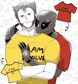 2boys alternate_costume beard bodysuit closed_mouth clothes_writing commentary_request couple crossed_arms deadpool deadpool_&amp;_wolverine deadpool_(series) doghooouse english_text facial_hair gloves head_tilt heart heart_background highres hug male_focus marvel marvel mask multiple_boys muscular muscular_male pectorals poking red_shirt shirt short_hair short_sleeves t-shirt veins veiny_arms wolverine_(x-men) x-men yaoi yellow_shirt
