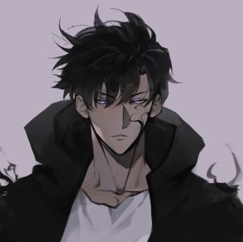 1boy absurdres black_hair black_jacket commentary curtained_hair english_commentary glowing glowing_eyes highres hood hood_up jacket logicsterrr looking_at_viewer male_focus parted_lips purple_eyes serious shirt short_hair smoke solo solo_leveling spiked_hair sung_jin-woo white_shirt