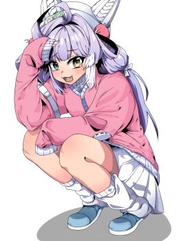 1girl absurdres ahoge blue_eyes blue_shorts cardigan commentary eg58561415 full_body hair_intakes hair_ornament hair_rings hand_up heterochromia highres huge_ahoge korean_commentary leg_warmers long_hair long_sleeves looking_at_viewer miniskirt pink_cardigan pleated_skirt pom_pom_(clothes) pom_pom_hair_ornament purple_hair raised_inner_eyebrows shadow shorts simple_background skirt sleeves_past_fingers sleeves_past_wrists solo squatting stellive tenko_shibuki virtual_youtuber white_background white_leg_warmers white_skirt yellow_eyes