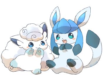 alolan_form alolan_vulpix animal_focus blue_eyes blush blush_stickers gen_4_pokemon gen_7_pokemon glaceon highres mimix nintendo no_humans open_mouth pokemon pokemon_(creature) pokemon_focus simple_background smile twitter_username white_background
