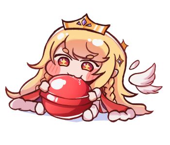 Rule 34 | 1girl, absurdres, blonde hair, blue gem, blush, braid, candy, cape, chewing, chibi, chibi only, commentary request, cross-shaped pupils, detached wings, drooling, erpin (trickcal), feathered wings, food, full body, fur-trimmed cape, fur trim, gem, gold tiara, hair ornament, highres, long hair, red cape, red eyes, saliva, simple background, sitting, solo, symbol-shaped pupils, tarui pa, trickcal, twin braids, very long hair, white background, white wings, wings, yellow eyes