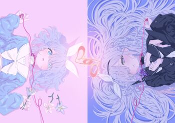 2girls absurdres arona_(blue_archive) black_choker black_eyes black_hairband black_jacket black_sailor_collar black_shirt blue_archive blue_eyes blue_hair blue_shirt blush braid choker clenched_hand color-coded colored_inner_hair commentary flower flower_request from_above hair_between_eyes hair_over_one_eye hairband halo hands_up heart heart_halo highres holding holding_flower holding_ribbon jacket jacket_partially_removed long_hair long_sleeves looking_at_another looking_at_viewer lying messy_hair multicolored_hair multiple_girls neck_ribbon neckerchief pink_background pink_hair plana_(blue_archive) purple_background red_halo red_ribbon ribbon sailor_collar sharp_to_sharp shirt short_hair simple_background single_braid sleeveless sleeveless_shirt two-tone_hair very_long_hair white_choker white_hair white_neckerchief white_sailor_collar