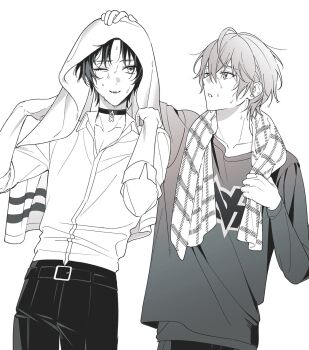 2boys asaba_harumasa belt black_hair black_pants choker collarbone commentary_request cowboy_shot grey_shirt greyscale hand_on_another&#039;s_head highres implied_yaoi looking_at_another male_focus monochrome multiple_boys one_eye_closed open_mouth pants parted_lips print_shirt shirt short_hair simple_background sleeves_rolled_up towel towel_around_neck towel_on_head wet wet_face wet_hair white_background white_shirt wise_(zenless_zone_zero) yyhwk8zv8l44477 zenless_zone_zero