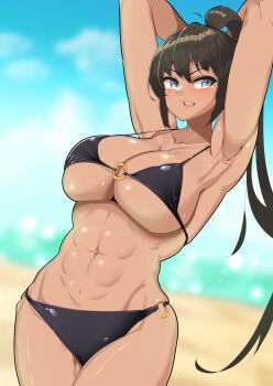 1girl abs amidori armpits beach black_hair blue_sky blush breasts cloud dark-skinned_female dark_skin green_eyes homura_(senran_kagura) large_breasts long_hair looking_to_the_side ocean ponytail sand senran_kagura sky very_long_hair water
