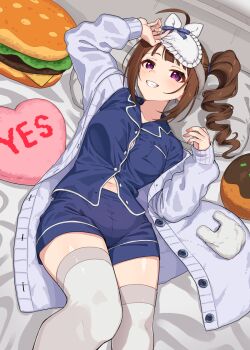 ahoge blue_shirt breasts brown_hair burger cardigan collarbone commentary_request eye_mask food grin highres idolmaster idolmaster_million_live! idolmaster_million_live!_theater_days kamille_(vcx68) large_breasts long_hair looking_at_viewer lying mask navel on_back open_mouth pajamas purple_eyes shirt shorts side_ponytail smile stomach takoyaki teeth thighhighs thighs white_thighhighs yes-no_pillow yokoyama_nao zettai_ryouiki