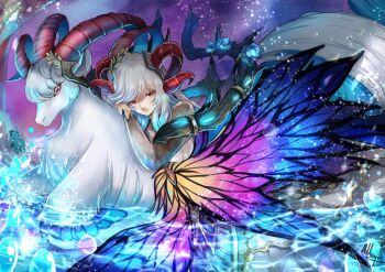 1girl absurdres blue_flower blue_hair blue_rose bodystocking branch breasts commentary curled_horns dress english_commentary fire_emblem fire_emblem_heroes flower freyja_(fire_emblem) goat goat_horns hair_ornament highres horns large_breasts long_hair looking_at_viewer looking_down mature_female multicolored_hair nintendo open_mouth queen red_eyes red_horns rose solo star_(symbol) star_symbol_background thorns water white_hair yami11