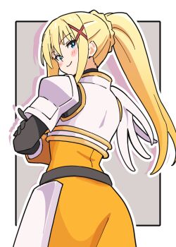 1girl armor black_gloves blonde_hair blue_eyes blush_stickers braid breastplate commentary darkness_(konosuba) from_behind gloves grey_background hair_between_eyes hair_ornament highres kono_subarashii_sekai_ni_shukufuku_wo! long_hair looking_at_viewer looking_back noyama_takenoko outline pauldrons ponytail ponytail_with_braided_base shoulder_armor simple_background smile solo white_outline x_hair_ornament